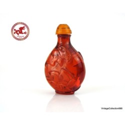 Old Chinese Snuff Bottle,  Snuff Bottle with bat and lotus flower carved in oranged red beeswax - SB105