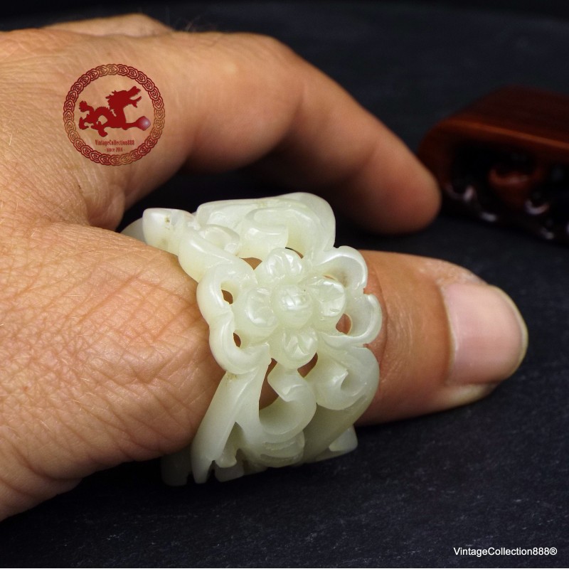 Old Chinese White Hetian Jade Ring US 13.5,  Archer Hetian Jade Ring,  Hollowed Thumb Hetian Nephrite