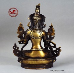 Antigua estatua de bronce de Bodhisattva Tara Blanca, Buda en bronce dorado con joyas de turquesa y rubíes 22.5cm - 8.8"