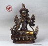 Antigua estatua de bronce de Bodhisattva Tara Blanca, Buda en bronce dorado con joyas de turquesa y rubíes 22.5cm - 8.8"