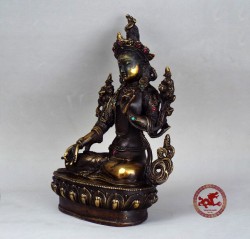 Antigua estatua de bronce de Bodhisattva Tara Blanca, Buda en bronce dorado con joyas de turquesa y rubíes 22.5cm - 8.8"