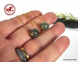 Natural Green Jade and 18K Gold barrel Pendant with golden 925 silver chain - Minimalist bead for women or teenage