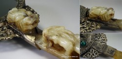 Antique Chinese hand mirror with Nephrite Jade Belt Buckle with Dragon Head & Chilong carved from Qing Dynasty (1736-95)