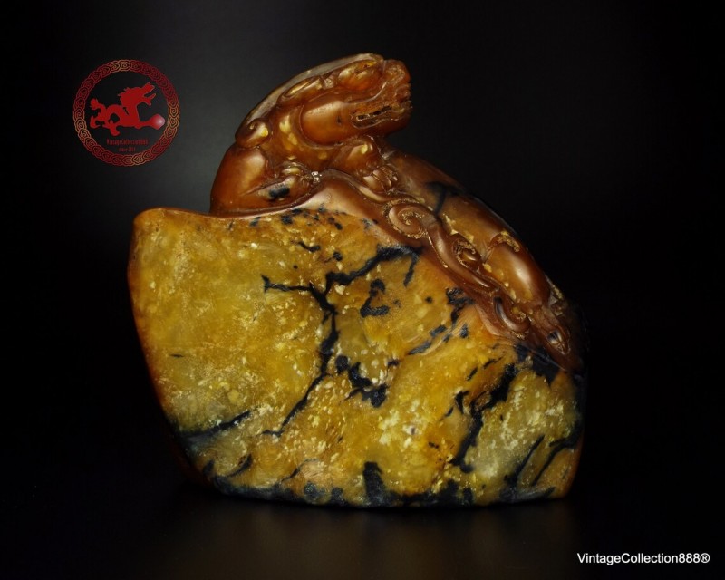 Old Chinese stone Seal,  Natural Shoushan Stone of 4.1" orange brown with black veins with carved Dragon