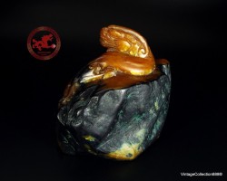 Old Chinese stone Seal,  Natural Shoushan Stone of 4.1" orange brown with black veins with carved Dragon