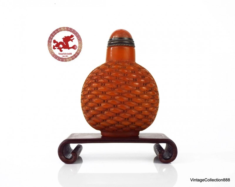 Old Chinese Snuff Bottle of Orange glass carved with basket weave pattern,  Antique Snuff Bottle carve