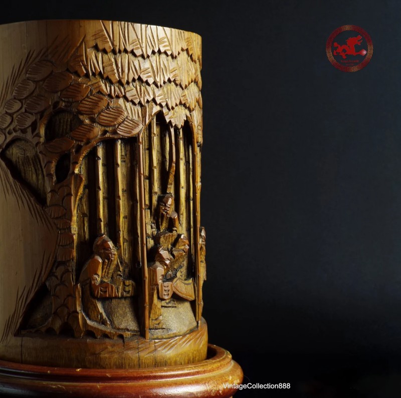 Antique Chinese Bamboo Brush Pot or Bitong 19th Cent.,  hand carved with elder mens playing board games  7.4 "