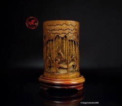 Antique Chinese Bamboo Brush Pot or Bitong 19th Cent.,  hand carved with elder mens playing board games  7.4 "