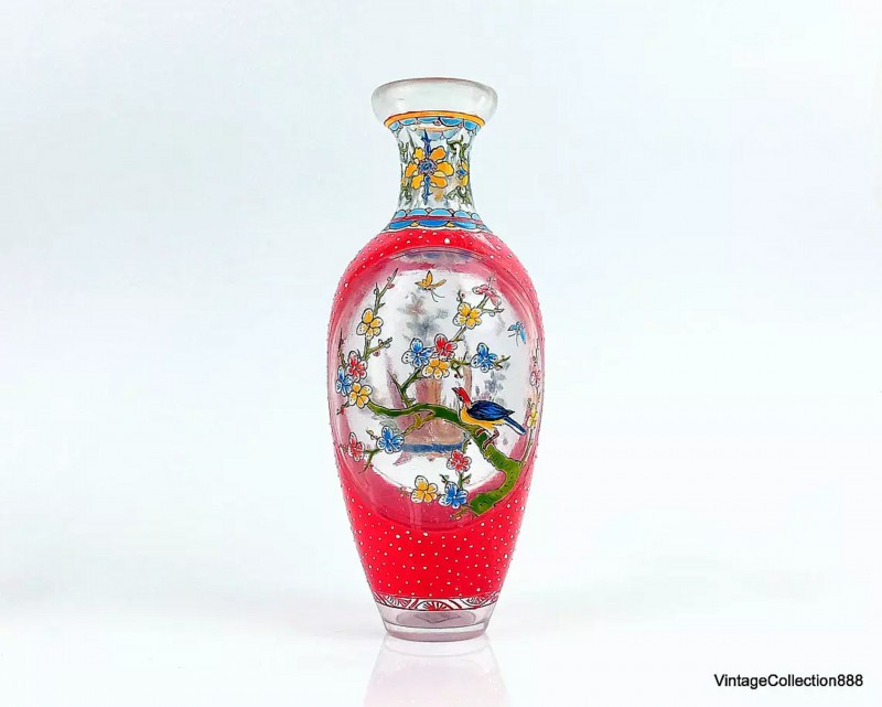 Old Chinese Vase of glass with Qianlong Mark,  enameled hand-painted with Flowers & Birds