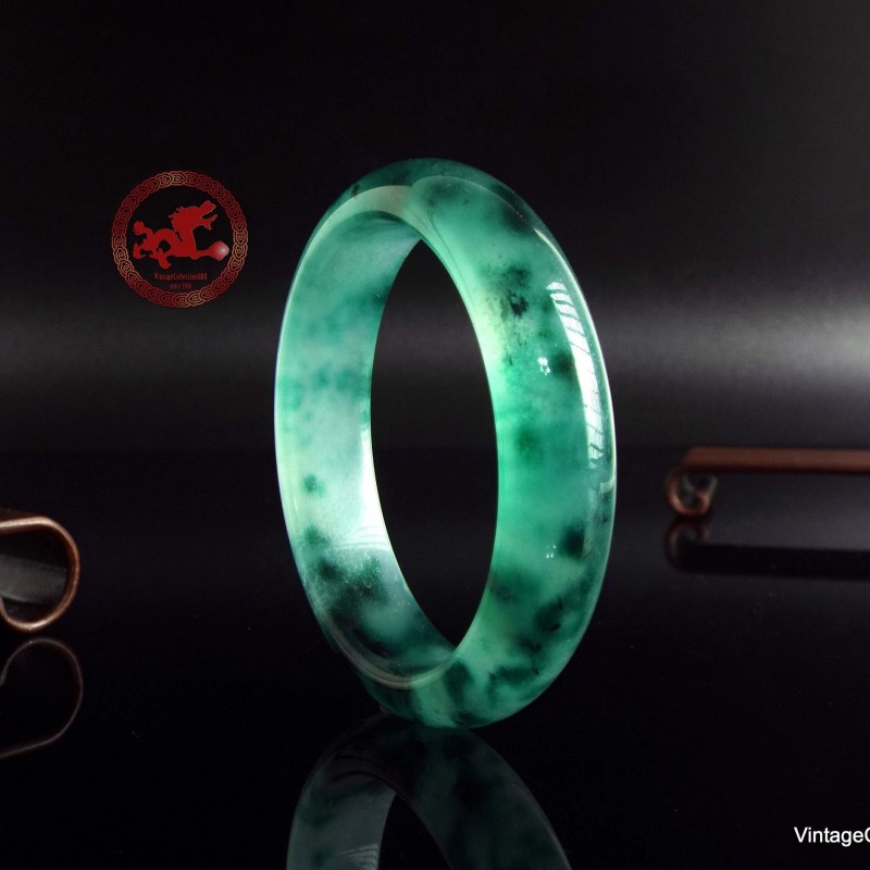 Icy Jade bangle 61.4mm -2.4",  translucent icy Jade bracelet with green flowers,  clear Jade bangle for woman and girl