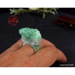 Large Jade Pixiu carved Ring US 10.75 - 20.5mm,  Natural Jadeite Green,  White and Brown Jade Ring Certified Pixiu carving