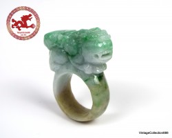 Large Jade Pixiu carved Ring US 10.75 - 20.5mm,  Natural Jadeite Green,  White and Brown Jade Ring Certified Pixiu carving