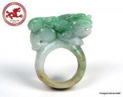 Large Jade Pixiu carved Ring US 10.75 - 20.5mm,  Natural Jadeite Green,  White and Brown Jade Ring Certified Pixiu carving