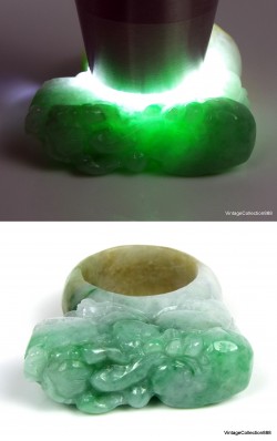 Large Jade Pixiu carved Ring US 10.75 - 20.5mm,  Natural Jadeite Green,  White and Brown Jade Ring Certified Pixiu carving