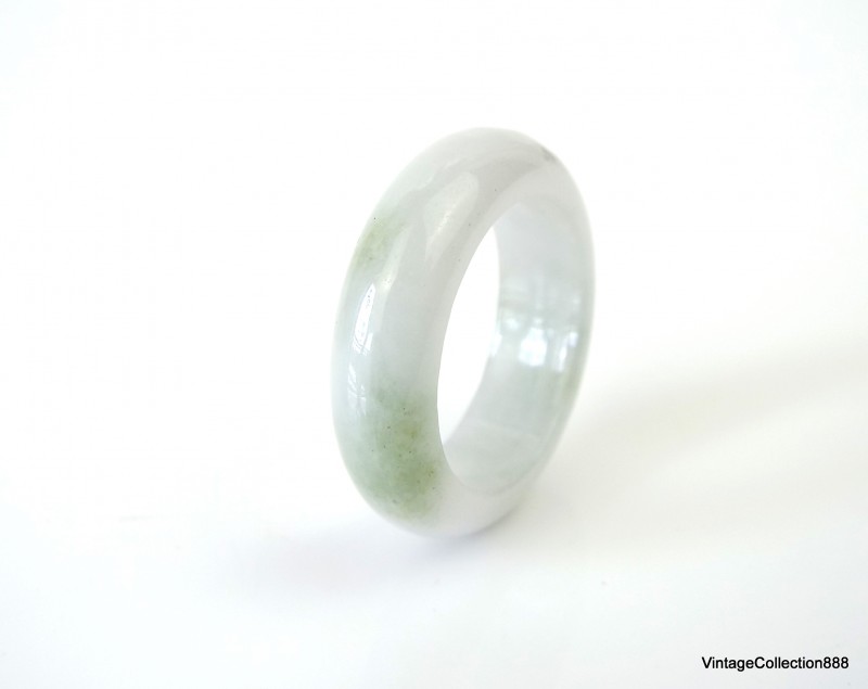 Natural Jadeite Jade Ring US 4.75 - 15.5mm,  White and Green spots Jade Ring,  Certified Untreated Undyed Jade ring