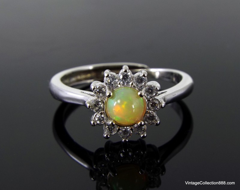 Adjustable Yellow Opal Ring with Flower Shaped Zircons,  US 7.5-8,  Gift for Women