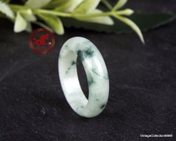 Natural White Green Jade Ring US 9.25 - 19.2mm,  White & Green Jadeite Jade Ring,  White Jadeite Ring with Dark Green