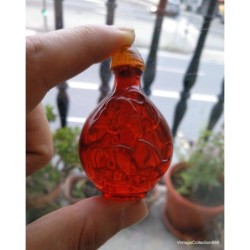 Botella de rapé china antigua, Botella de rapé con murciélago y flor de loto tallada en cera de abeja roja ornamentada - SB105