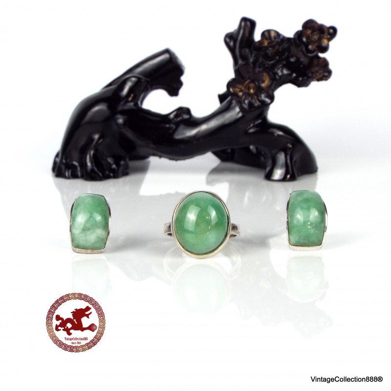 Ring & Earrings set of green Jade and Silver 925,  Jadeite variety stone Natural, Size US7.75 - ES16- FR56- UK Q- DE18