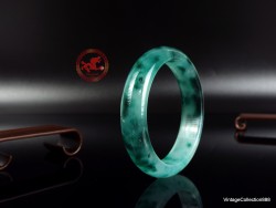 Icy Jade bangle 61.4mm -2.4",  translucent icy Jade bracelet with green flowers,  clear Jade bangle for woman and girl