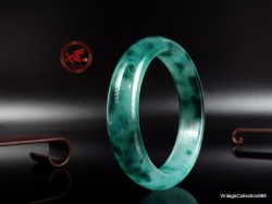 Icy Jade bangle 61.4mm -2.4",  translucent icy Jade bracelet with green flowers,  clear Jade bangle for woman and girl