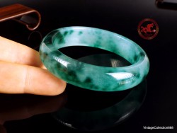 Icy Jade bangle 61.4mm -2.4",  translucent icy Jade bracelet with green flowers,  clear Jade bangle for woman and girl