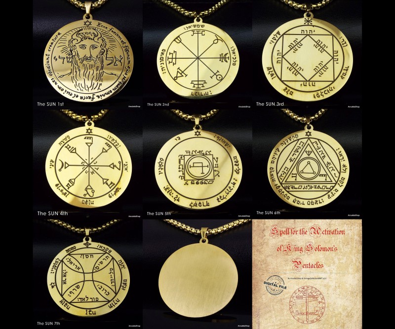 Solomon Talisman Steel Seals of The SUN of King Solomon pentacles, Gold Pentacles of King Solomon with Steel chain