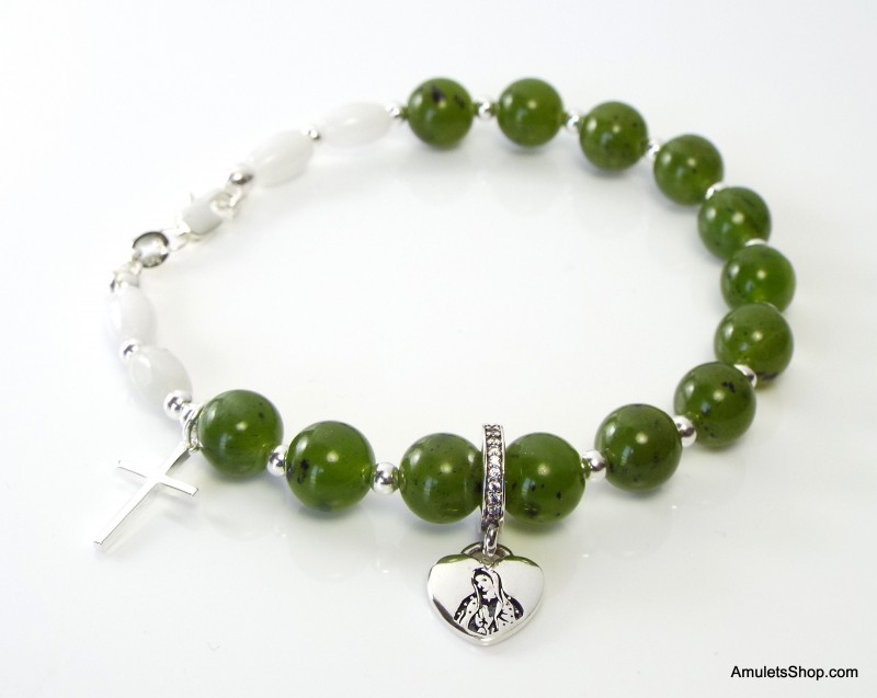 Christian Rosary- Bracelet of Silver & Green Jade, Decade Catholic Nephrite beads and 925 Sterling Silver charms