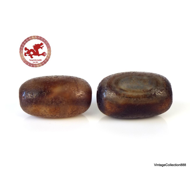 2x Old Tibetan Dzi Agate Beads with "3 Eyes" Pattern,  Tibetan agate prayer bead,  tribal Dzi beads,  tibetan amulet