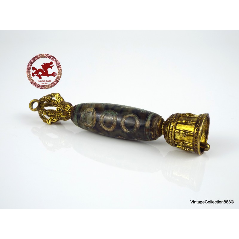 Powerful and old Agate DZI bead, Tibetan DZI "5 Eyes" wedged between Vajra and Ghanta or bell, Tibetan agate bead