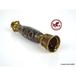 Powerful and old Agate DZI bead, Tibetan DZI "5 Eyes" wedged between Vajra and Ghanta or bell, Tibetan agate bead