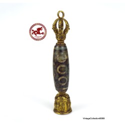 Powerful and old Agate DZI bead, Tibetan DZI "5 Eyes" wedged between Vajra and Ghanta or bell, Tibetan agate bead