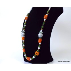 Jade and Coral Necklace,  Necklace with Jadeite Jade and Nephrite Jade beads,  925 Silver and Fake Orange 68.5cm-27"