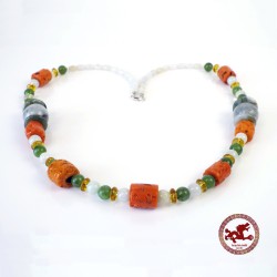 Jade and Coral Necklace,  Necklace with Jadeite Jade and Nephrite Jade beads,  925 Silver and Fake Orange 68.5cm-27"