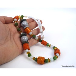 Jade and Coral Necklace,  Necklace with Jadeite Jade and Nephrite Jade beads,  925 Silver and Fake Orange 68.5cm-27"