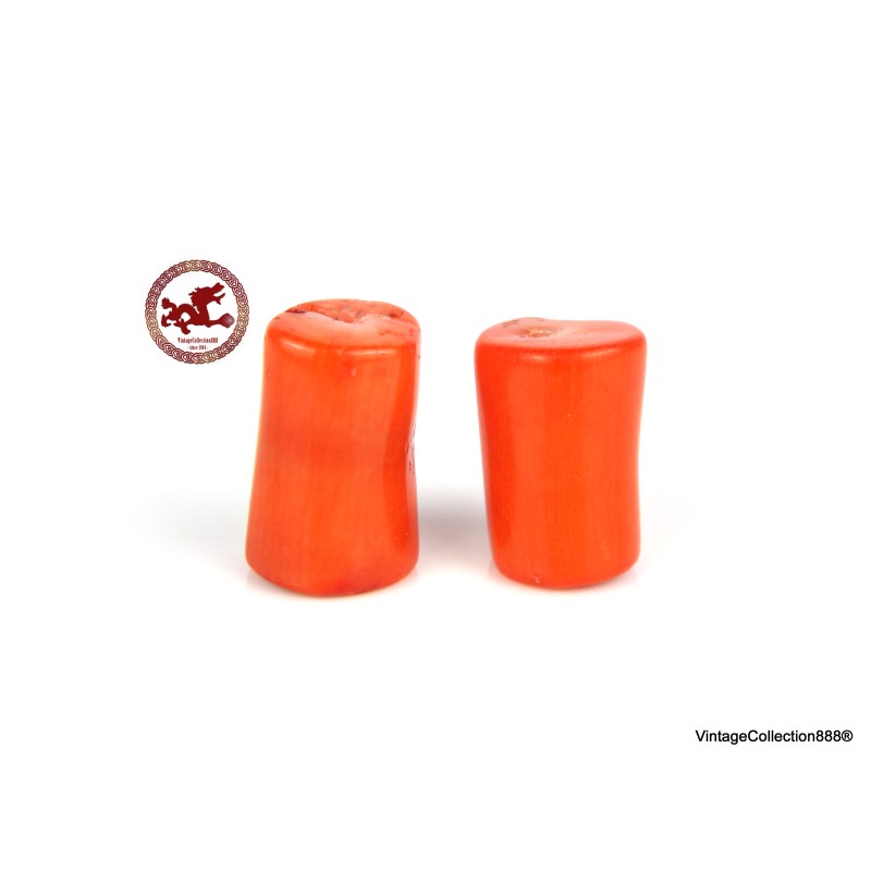 Cuentas grandes de coral rojo azafrán, juego de 2 cuentas de coral rojo en forma de barril, 43,55 ct