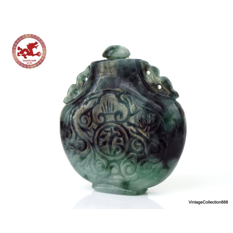 Old Chinese Snuff Bottle of green Jade,  Dark Green and White Jadeite Jade hand carved chinese Snuff Bottle