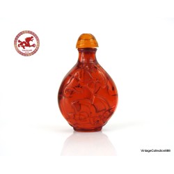 Botella de rapé china antigua, Botella de rapé con murciélago y flor de loto tallada en cera de abeja roja ornamentada - SB105