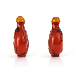 Old Chinese Snuff Bottle,  Snuff Bottle with bat and lotus flower carved in oranged red beeswax - SB105