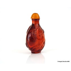 Old Chinese Snuff Bottle,  Snuff Bottle with bat and lotus flower carved in oranged red beeswax - SB105