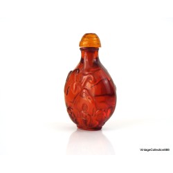 Old Chinese Snuff Bottle,  Snuff Bottle with bat and lotus flower carved in oranged red beeswax - SB105