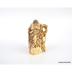 Antique Chinese Snuff Bottle,  Bone Snuff bottle Hand Carved Butterfly and Vegetation with signature on Base,  Carved Bone