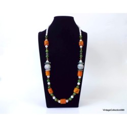 Jade and Coral Necklace,  Necklace with Jadeite Jade and Nephrite Jade beads,  925 Silver and Fake Orange 68.5cm-27"